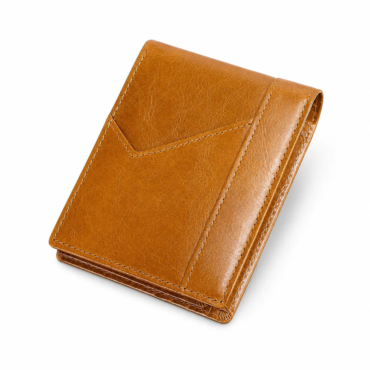 A slim, tan-brown leather bifold wallet with a diagonal envelope-style pocket on the front, shown on a clean white background.