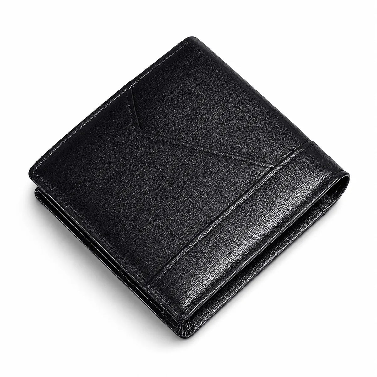 A black leather bifold wallet with a textured grain finish, shown closed at an angle on a clean white background.