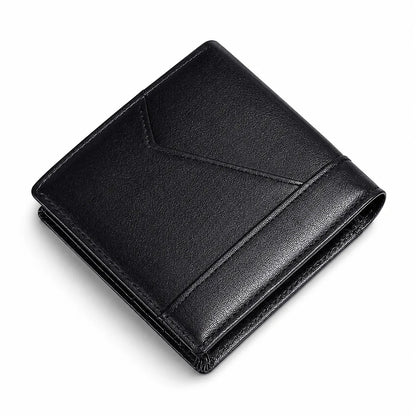 A black leather bifold wallet with a textured grain finish, shown closed at an angle on a clean white background.