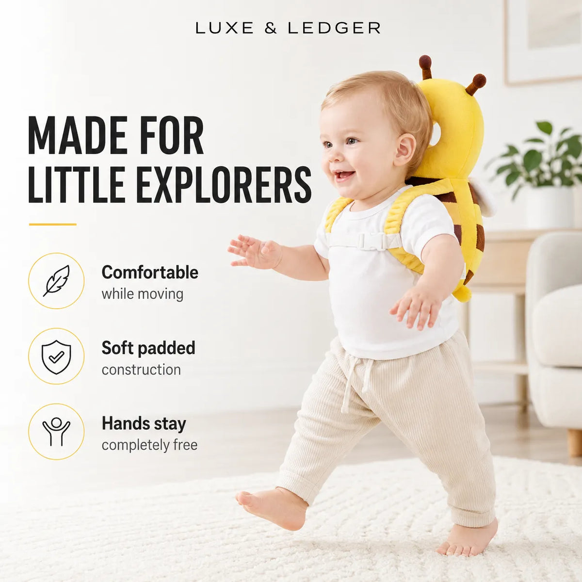 A baby wearing a yellow giraffe-shaped backpack harness walks indoors on a white rug. Large text reads 'MADE FOR LITTLE EXPLORERS' with feature icons and 'LUXE & LEDGER' at the top.