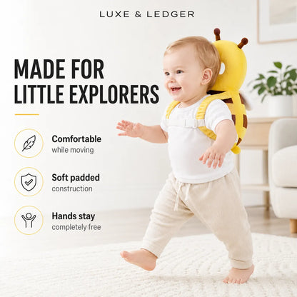 A baby wearing a yellow giraffe-shaped backpack harness walks indoors on a white rug. Large text reads 'MADE FOR LITTLE EXPLORERS' with feature icons and 'LUXE & LEDGER' at the top.