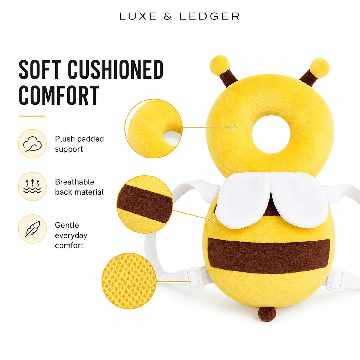 A bee-shaped neck pillow by Luxe & Ledger, featuring a yellow and brown striped design with white wings, shown on a white background with feature callout graphics and text.