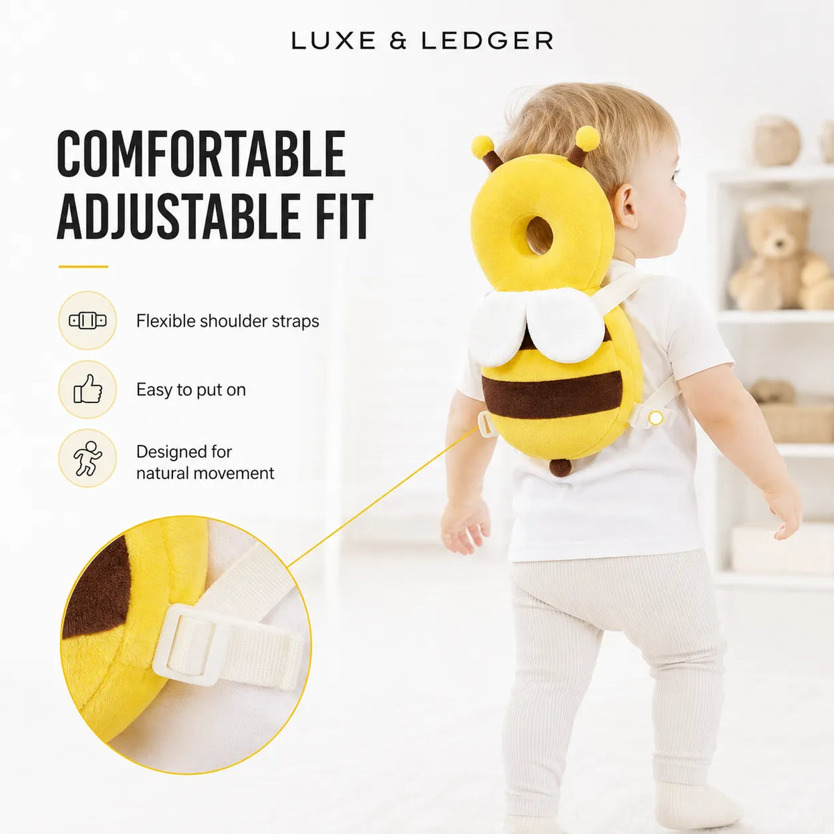 A baby wearing a yellow bee-shaped backpack harness, shown from the back in a bright indoor room. The image includes marketing text reading 'LUXE & LEDGER' and 'COMFORTABLE ADJUSTABLE FIT,' plus feature callouts and a close-up inset of the adjustable strap.