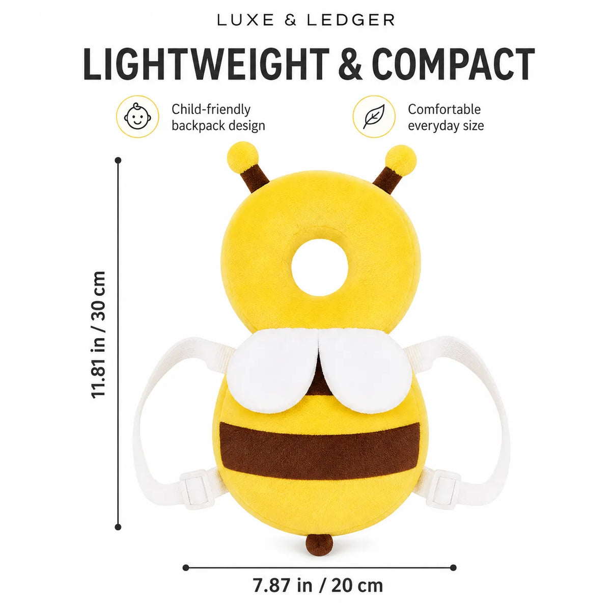 A yellow and brown plush bee backpack with white wings and straps, shown on a white background with text indicating dimensions: 11.81 in / 30 cm height and 7.