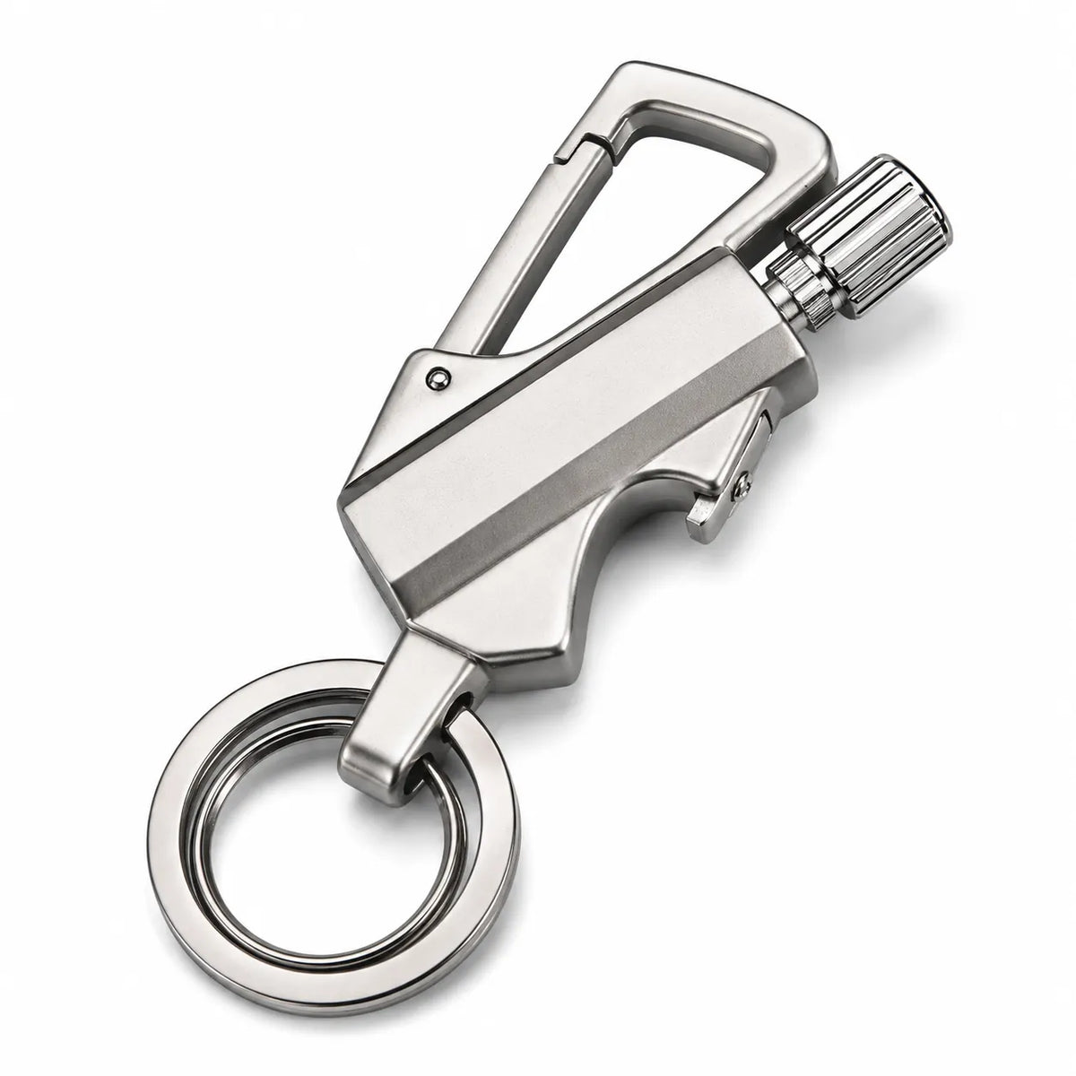 A stainless steel carabiner keychain with a key ring, shown on a clean white background.