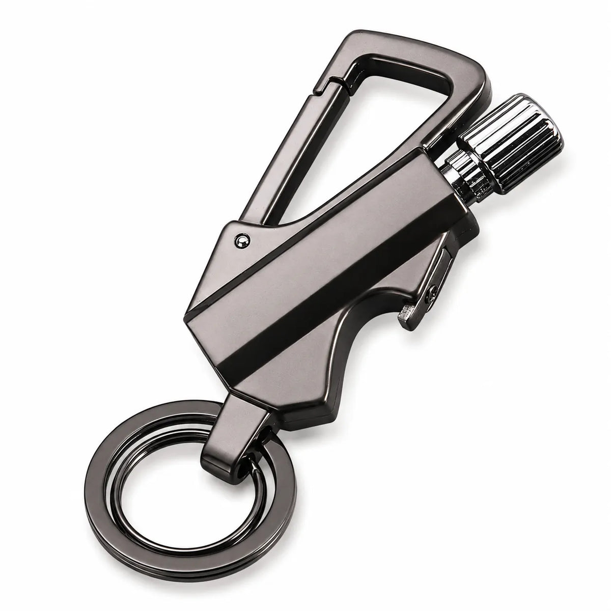 A black metallic personal safety keychain tool with a carabiner clip, textured dial, and split key ring, shown on a white background.