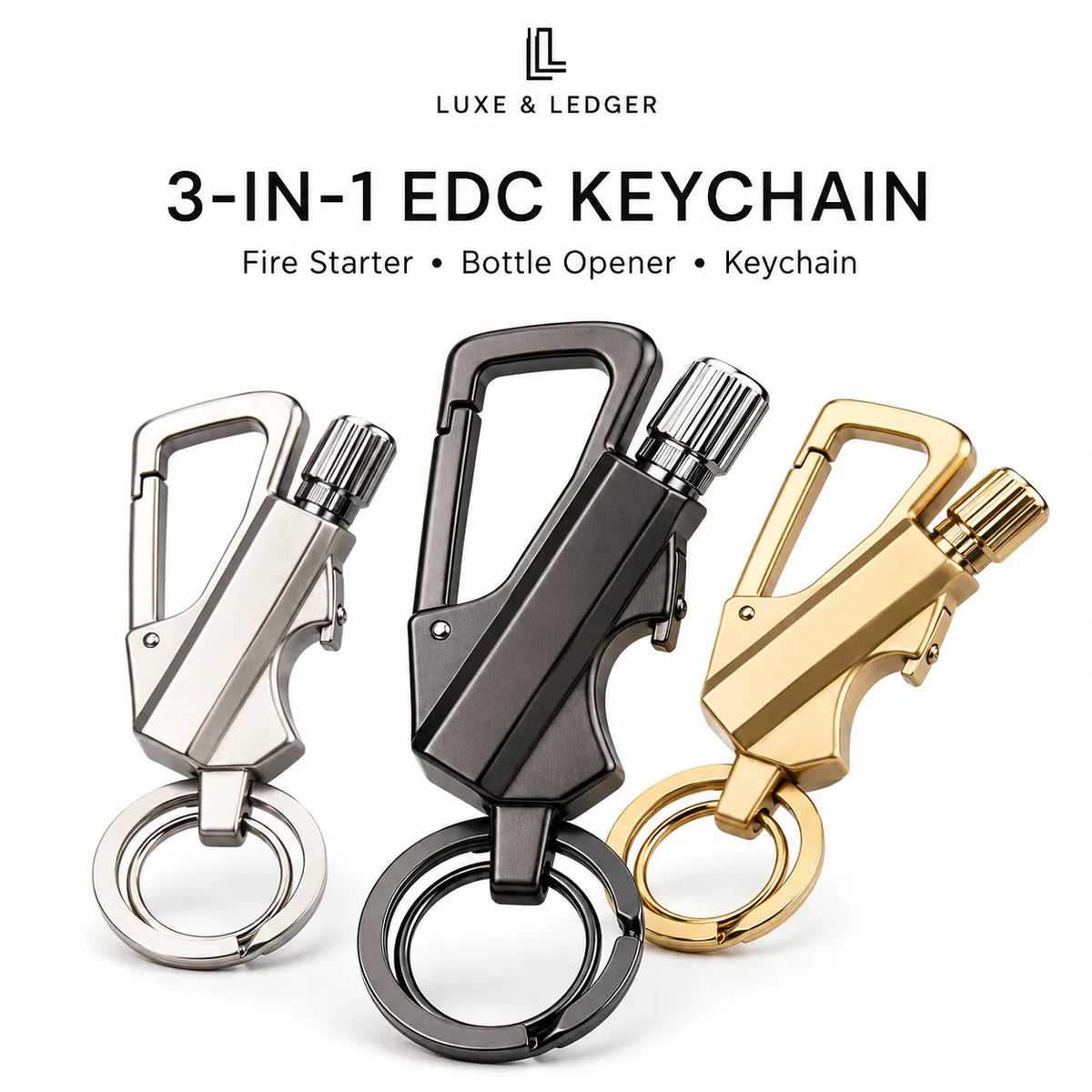 Three 3-in-1 EDC keychains by Luxe & Ledger, shown on a white background with text reading '3-IN-1 EDC KEYCHAIN' and 'Fire Starter • Bottle Opener • Keychain.' The keychains are metallic silver, dark gray, and gold, each with a carabiner clip, bottle opener tool, and split key ring.