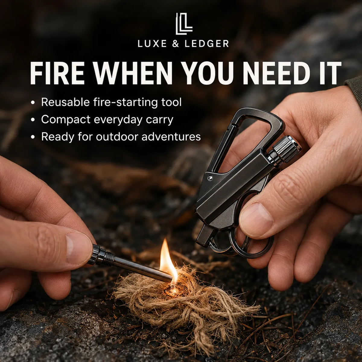 A close-up lifestyle shot of a person holding a black Luxe & Ledger fire starter tool next to a lighter, igniting dry tinder over rocks outdoors. The image includes promotional text for Luxe & Ledger.