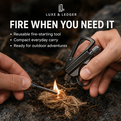 A close-up lifestyle shot of a person holding a black Luxe & Ledger fire starter tool next to a lighter, igniting dry tinder over rocks outdoors. The image includes promotional text for Luxe & Ledger.