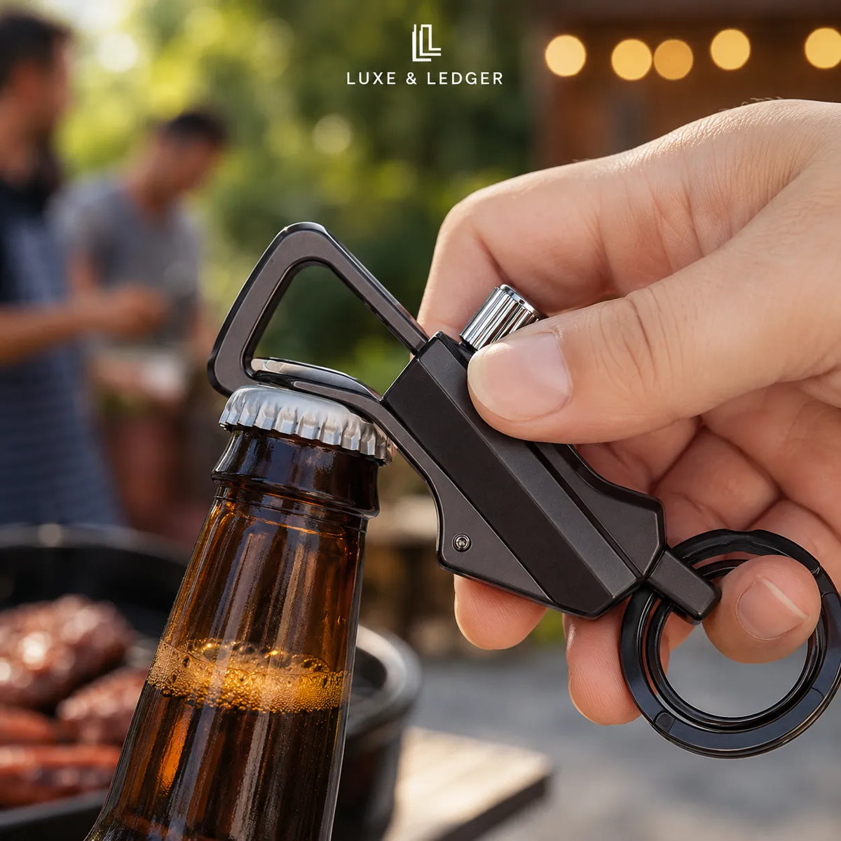 A hand holding a black bottle opener with a bottle ring, opening a brown glass beer bottle. The background shows a blurred outdoor patio scene with people and warm string lights.