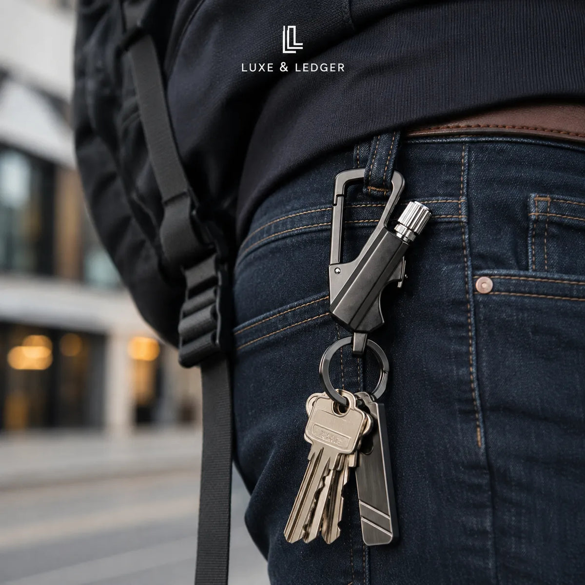 A close-up lifestyle shot of a person wearing dark blue jeans and a black hoodie, showing a black carabiner keychain holding keys and a small silver bottle. The brand name 'LUXE & LEDGER' is printed on the hoodie.