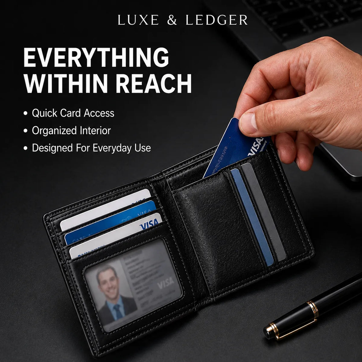 A black leather bifold wallet shown open on a dark desk, with a hand inserting a blue card into one of its slots. The image includes marketing text reading 'LUXE & LEDGER' and 'EVERYTHING WITHIN REACH' alongside bullet points about quick card access, organized interior, and everyday use.