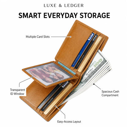 A tan leather bi-fold wallet shown open on a white background with callout labels pointing out features such as multiple card slots, a transparent ID window, easy-access layout, and a spacious cash compartment. The top text reads 'LUXE & LEDGER' and 'SMART EVERYDAY STORAGE.