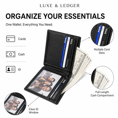 A black leather wallet shown open on a white background with callout labels and icons explaining its features: cards, cash, ID, multiple card slots, full-length cash compartment, and clear ID window. The top text reads 'LUXE & LEDGER' and 'ORGANIZE YOUR ESSENTIALS.