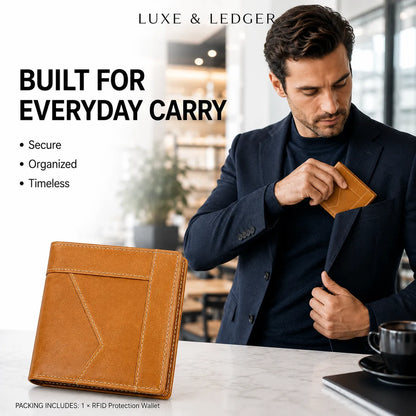 A man in a navy blazer and black turtleneck inserts a tan leather wallet into his pocket at a cafe table, with a matching tan leather wallet displayed on the table beside him. Text on the left reads 'LUXE & LEDGER' and 'BUILT FOR EVERYDAY CARRY' with bullet points: 'Secure', 'Organized', 'Timeless'.