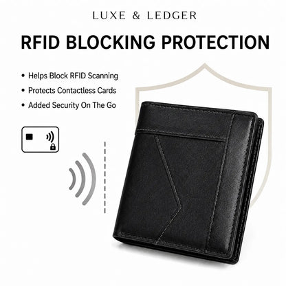 A black leather bifold wallet with a card holder pocket, shown on a white background with promotional text reading 'LUXE & LEDGER' and 'RFID BLOCKING PROTECTION,' plus a shield icon and card security graphic.