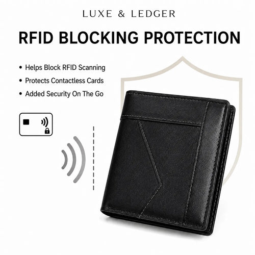 A black leather bifold wallet with a card holder pocket, shown on a white background with promotional text reading 'LUXE & LEDGER' and 'RFID BLOCKING PROTECTION,' plus a shield icon and card security graphic.