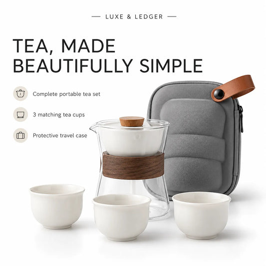 A luxury tea set set displayed on a clean white background with promotional text. The set includes a clear glass teapot with a brown wooden collar, three small white ceramic tea cups, and a gray zippered protective travel case with a brown leather strap.