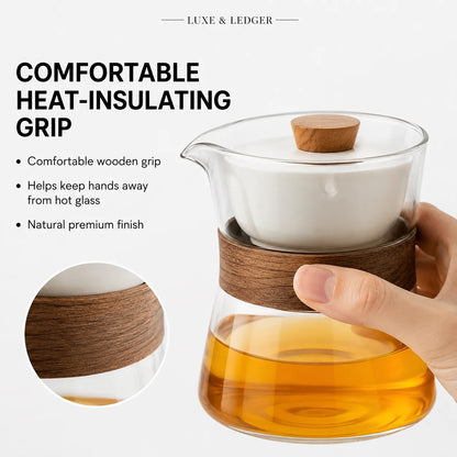 A clear glass teapot with a wooden handle and lid knob, shown with a hand holding the wooden grip to demonstrate comfort and heat insulation. The teapot contains amber tea, and the image includes marketing text on a clean white background.