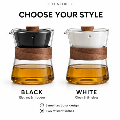 A product comparison graphic showing two glass teapots with wooden bands and lids, labeled BLACK and WHITE under the heading 'CHOOSE YOUR STYLE'. The left teapot has a black upper chamber and the right has a white upper chamber, both filled with amber tea.