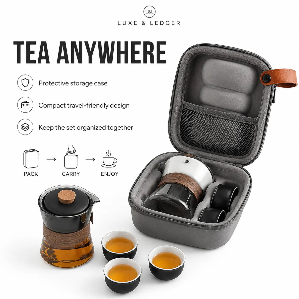 A tea set travel case shown open on a white background, with a glass teapot, three small tea cups, and product features listed in text. The case is dark gray with a brown leather loop and interior mesh organizer, and the tea set includes black and white components with amber liquid.