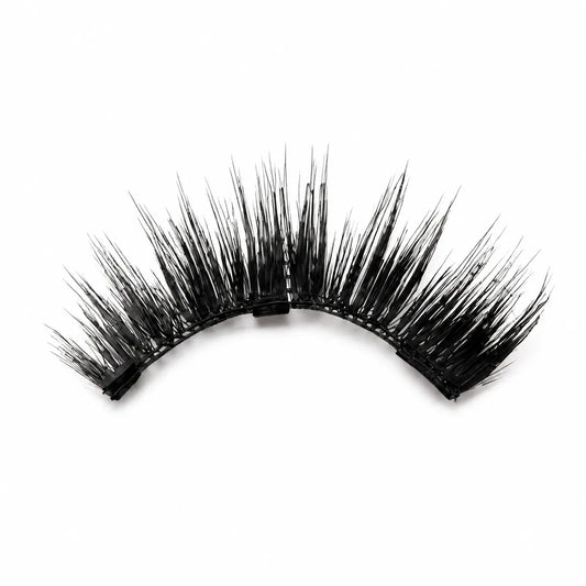 A single pair of black false eyelashes with long, wispy synthetic fibers on a plain white background.