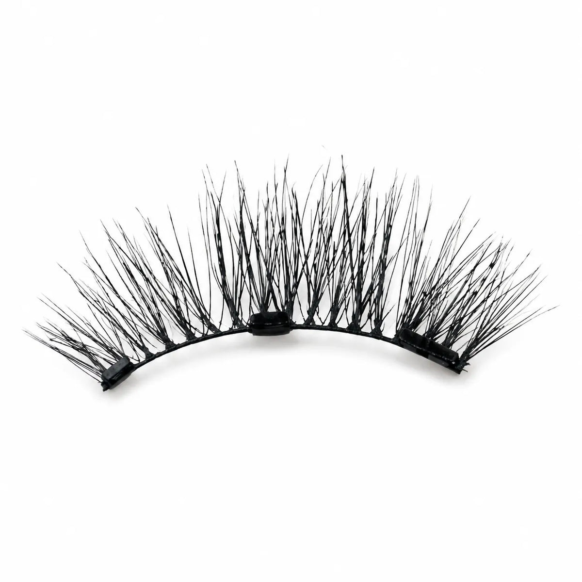 Black false eyelashes with a curved black adhesive band, shown against a plain white background.