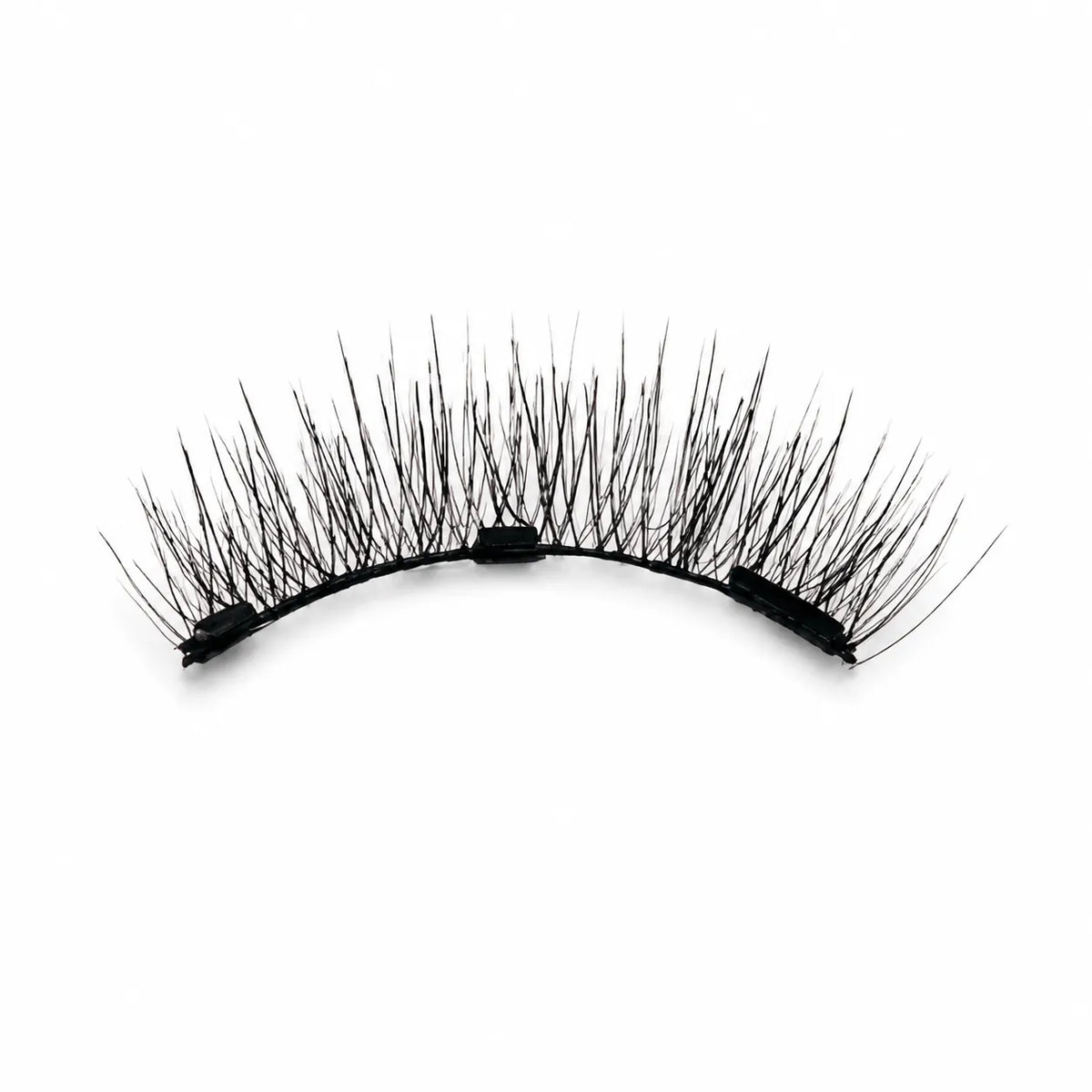 A single pair of black false eyelashes with long, wispy synthetic fibers attached to a curved black band, shown against a plain white background.