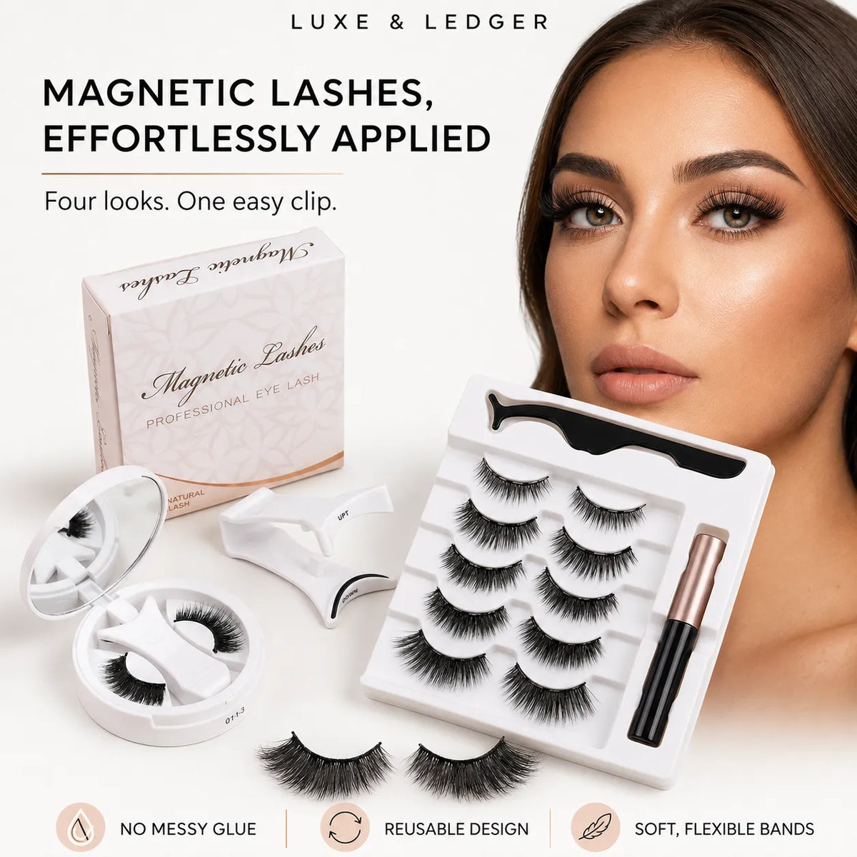 Magnetic false eyelashes set shown with a model wearing the lashes, the lash tray, individual lash clusters, a mirror, adhesive, and the product box. Text at the top reads 'LUXE & LEDGER' and 'MAGNETIC LASHES, EFFORTLESSLY APPLIED'.