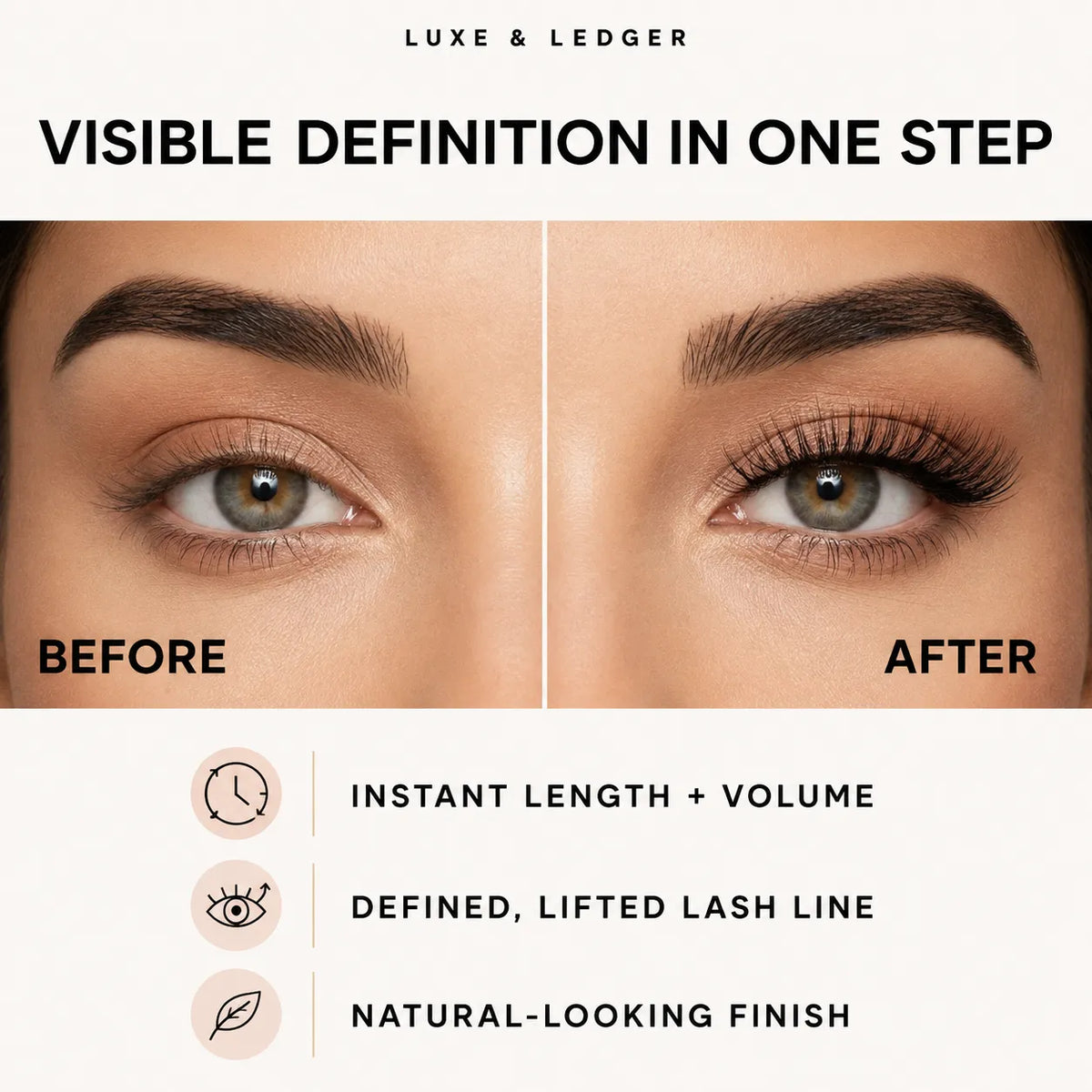 Before-and-after comparison of an eye makeup look, showing a defined, volumized eyebrow and long, curled lashes. The image includes the text 'LUXE & LEDGER' at the top and lists benefits like 'INSTANT LENGTH + VOLUME', 'DEFINED, LIFTED LASH LINE', and 'NATURAL-LOOKING FINISH' on a light beige background.