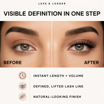 Before-and-after comparison of an eye makeup look, showing a defined, volumized eyebrow and long, curled lashes. The image includes the text 'LUXE & LEDGER' at the top and lists benefits like 'INSTANT LENGTH + VOLUME', 'DEFINED, LIFTED LASH LINE', and 'NATURAL-LOOKING FINISH' on a light beige background.