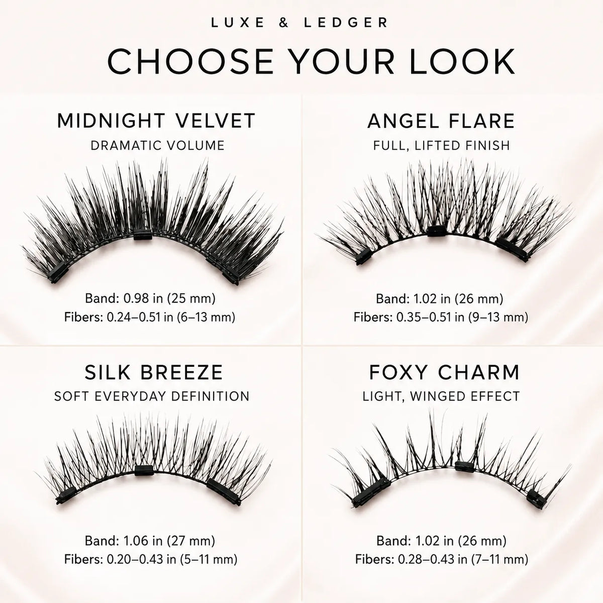 Four pairs of false eyelashes arranged in a 2x2 grid on a light cream background, with text labels for each style: Midnight Velvet, Angel Flare, Silk Breeze, and Foxy Charm. The top reads 'LUXE & LEDGER' and 'CHOOSE YOUR LOOK.