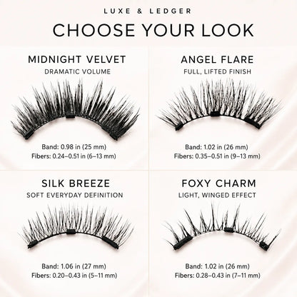 Four pairs of false eyelashes arranged in a 2x2 grid on a light cream background, with text labels for each style: Midnight Velvet, Angel Flare, Silk Breeze, and Foxy Charm. The top reads 'LUXE & LEDGER' and 'CHOOSE YOUR LOOK.