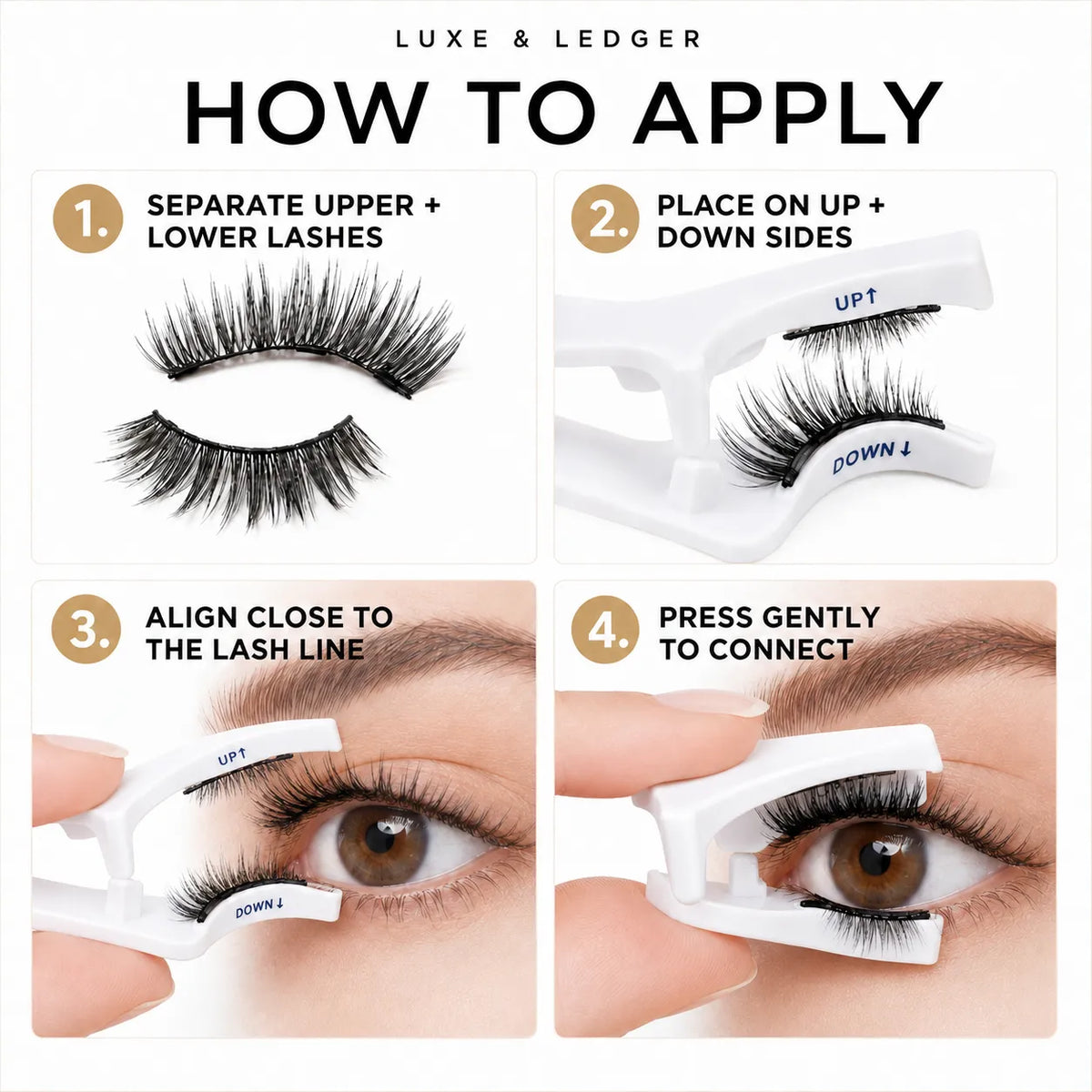 Instructional graphic titled 'HOW TO APPLY' showing four steps for using Luxe & Ledger false eyelash extensions. The steps include separating upper and lower lashes, placing the lashes on the applicator, aligning them close to the lash line, and pressing gently to connect.
