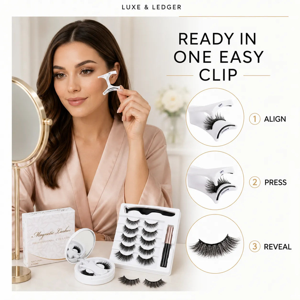 A woman in a blush robe demonstrates using a white magnetic false eyelash clip on her lash line, with product packaging, multiple pairs of black false eyelashes, and three circular step-by-step diagrams showing how to align, press, and reveal the lashes. Text at the top reads 'LUXE & LEDGER' and 'READY IN ONE EASY CLIP'.