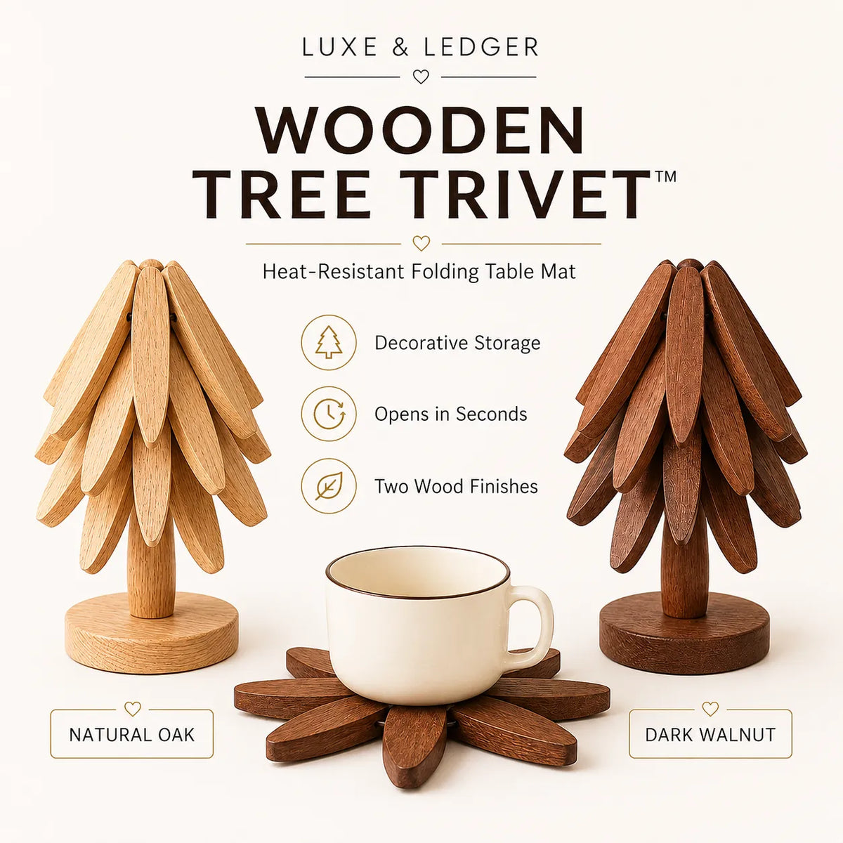 Luxe & Ledger Wooden Tree Trivet set shown in two wood finishes: a light natural oak version and a dark walnut version. A white ceramic cup sits on the dark walnut trivet in the foreground.