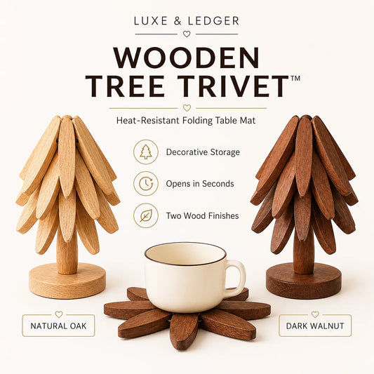 Luxe & Ledger Wooden Tree Trivet set shown in two wood finishes: a light natural oak version and a dark walnut version. A white ceramic cup sits on the dark walnut trivet in the foreground.