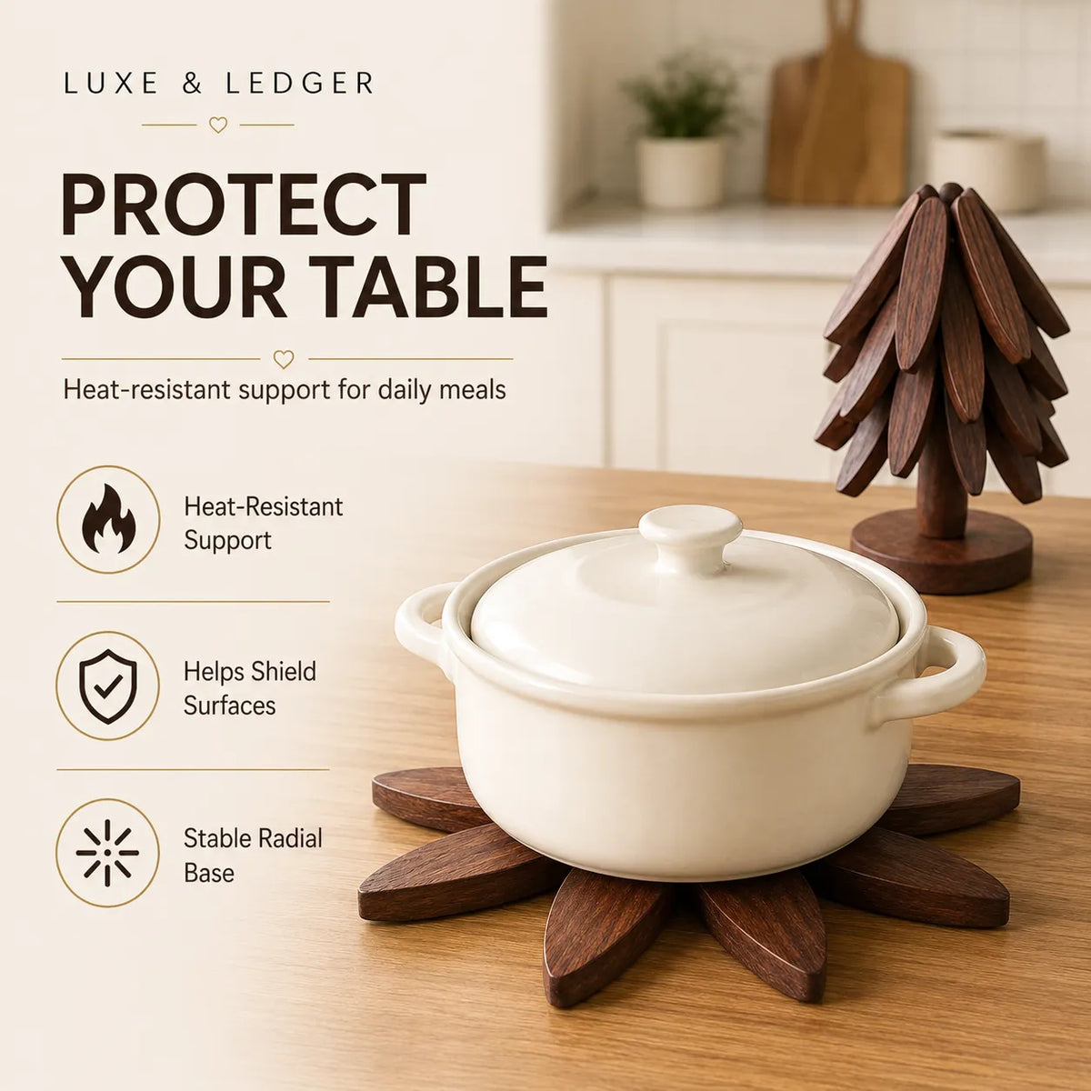 A cream ceramic lidded pot with side handles sits on a star-shaped dark wooden trivet on a wooden table. A matching wooden decorative tree is behind it, with kitchen cabinetry blurred in the background.