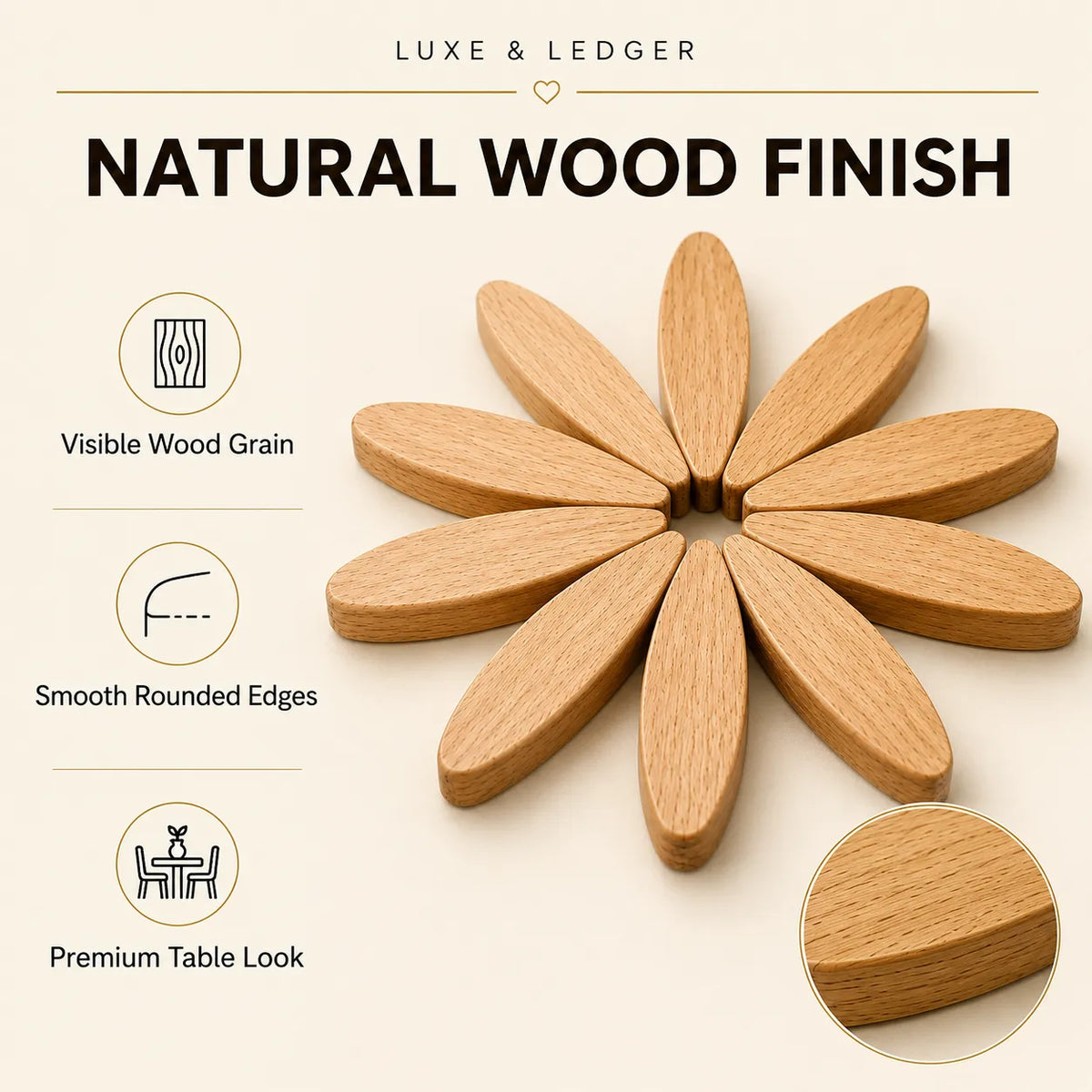 A natural wood flower-shaped coaster or trivet with eight petal-like pieces, shown on a light beige background with text reading 'NATURAL WOOD FINISH' and feature icons for visible wood grain, smooth rounded edges, and premium table look. Luxe & Ledger branding appears at the top.