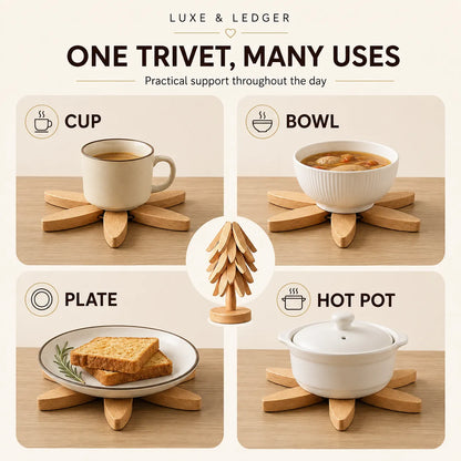 A promotional graphic for a set of four wooden trivet coasters, showing each one supporting a different item: a cup, a bowl, a plate with toast, and a hot pot. The central image shows a small wooden tree-shaped trivet.
