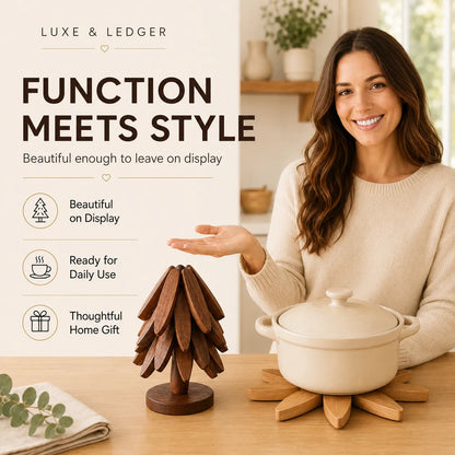 A woman in a cream sweater stands behind a wooden table displaying a dark brown wooden tree-shaped decorative object and a cream ceramic pot on a wooden stand. The left side features promotional text reading 'FUNCTION MEETS STYLE' and 'LUXE & LEDGER'.