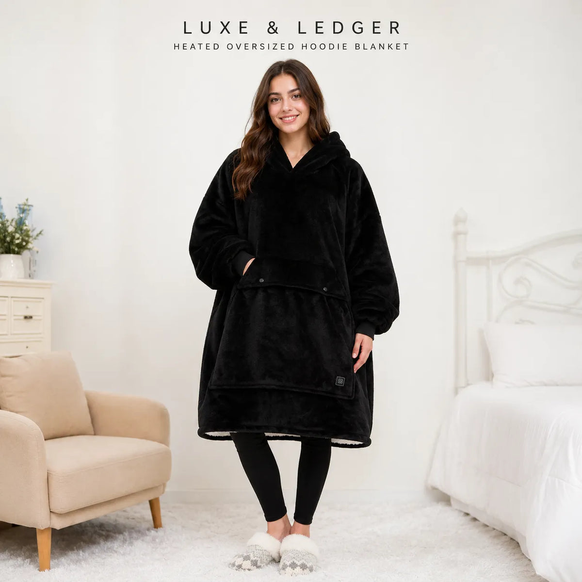 A woman stands in a bedroom wearing a black Luxe & Ledger heated oversized hoodie blanket. The image includes the brand text 'LUXE & LEDGER HEATED OVERSIZED HOODIE BLANKET' at the top.