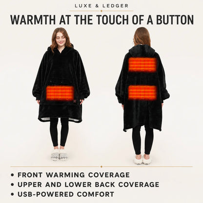 A promotional product graphic showing a woman modeling a black hooded wearable blanket from the front and back on a light gray background. Large text at the top reads 'WARMTH AT THE TOUCH OF A BUTTON' and the bottom lists features including front warming coverage, upper and lower back coverage, and USB-powered comfort.