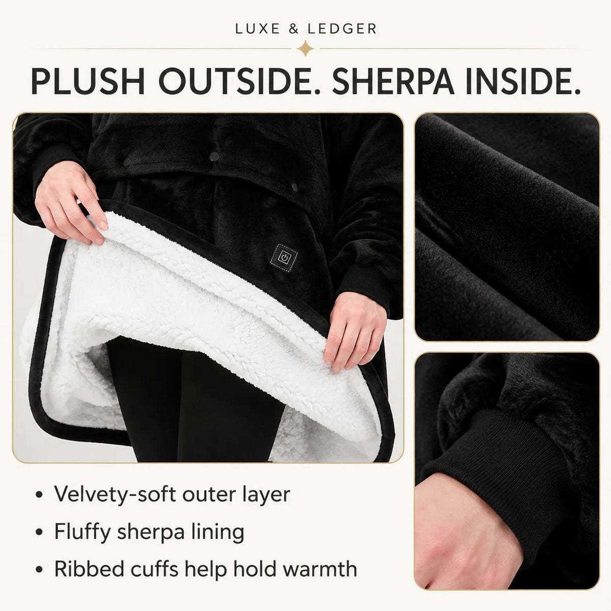 A black fleece or velvety outer layer with a white sherpa lining, shown on a person in a lifestyle-style product graphic with text callouts and close-up detail panels. The top reads 'LUXE & LEDGER' and the headline says 'PLUSH OUTSIDE.