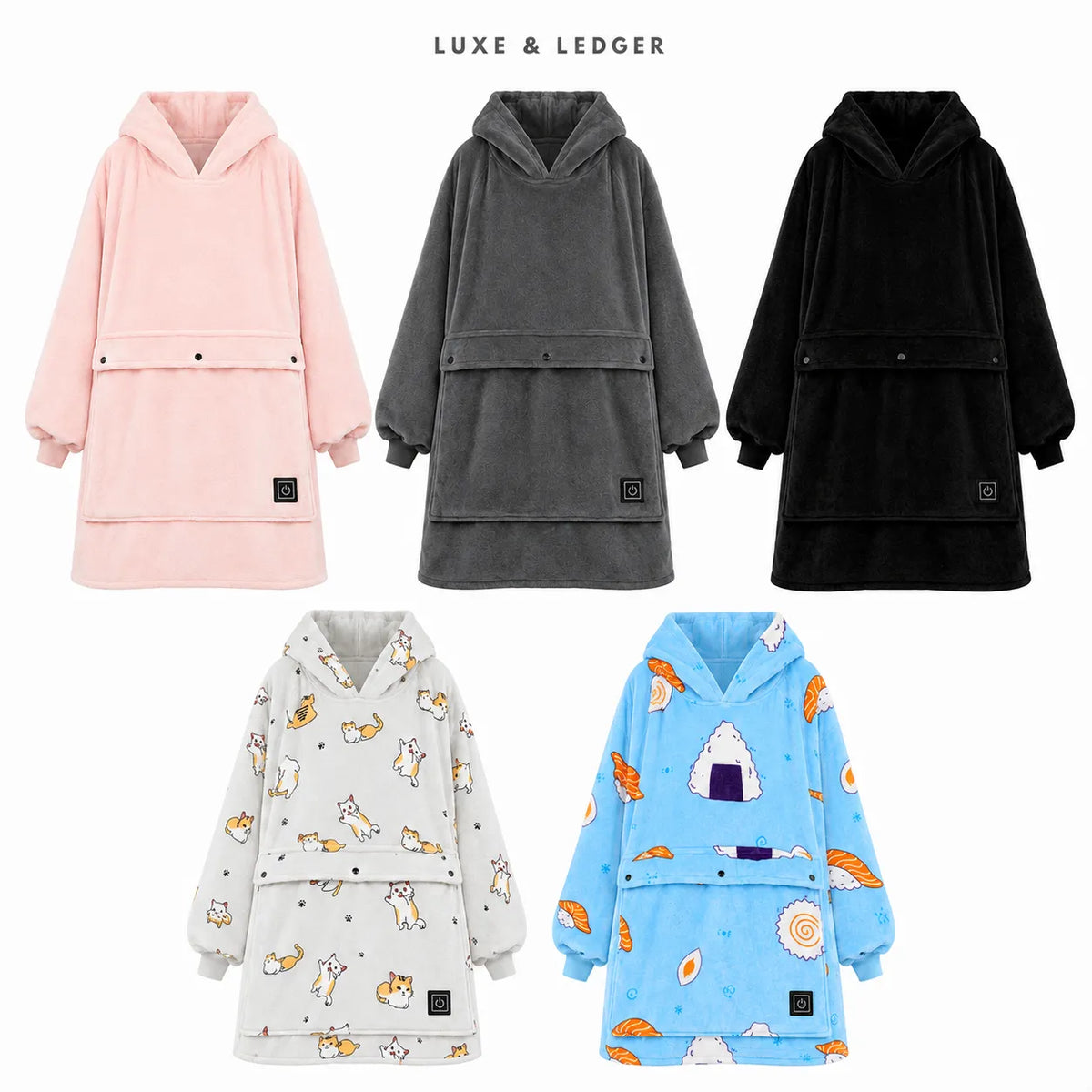Five hooded lounge robes shown on a plain white background, each with a different color and print: light pink, charcoal gray, black, off-white with small animal prints, and light blue with food-themed prints. The text 'LUXE & LEDGER' appears at the top.