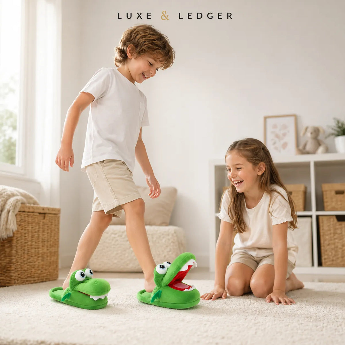 Two children playing with green crocodile-shaped slippers in a bright, modern room. The brand name 'LUXE & LEDGER' is displayed at the top of the image.