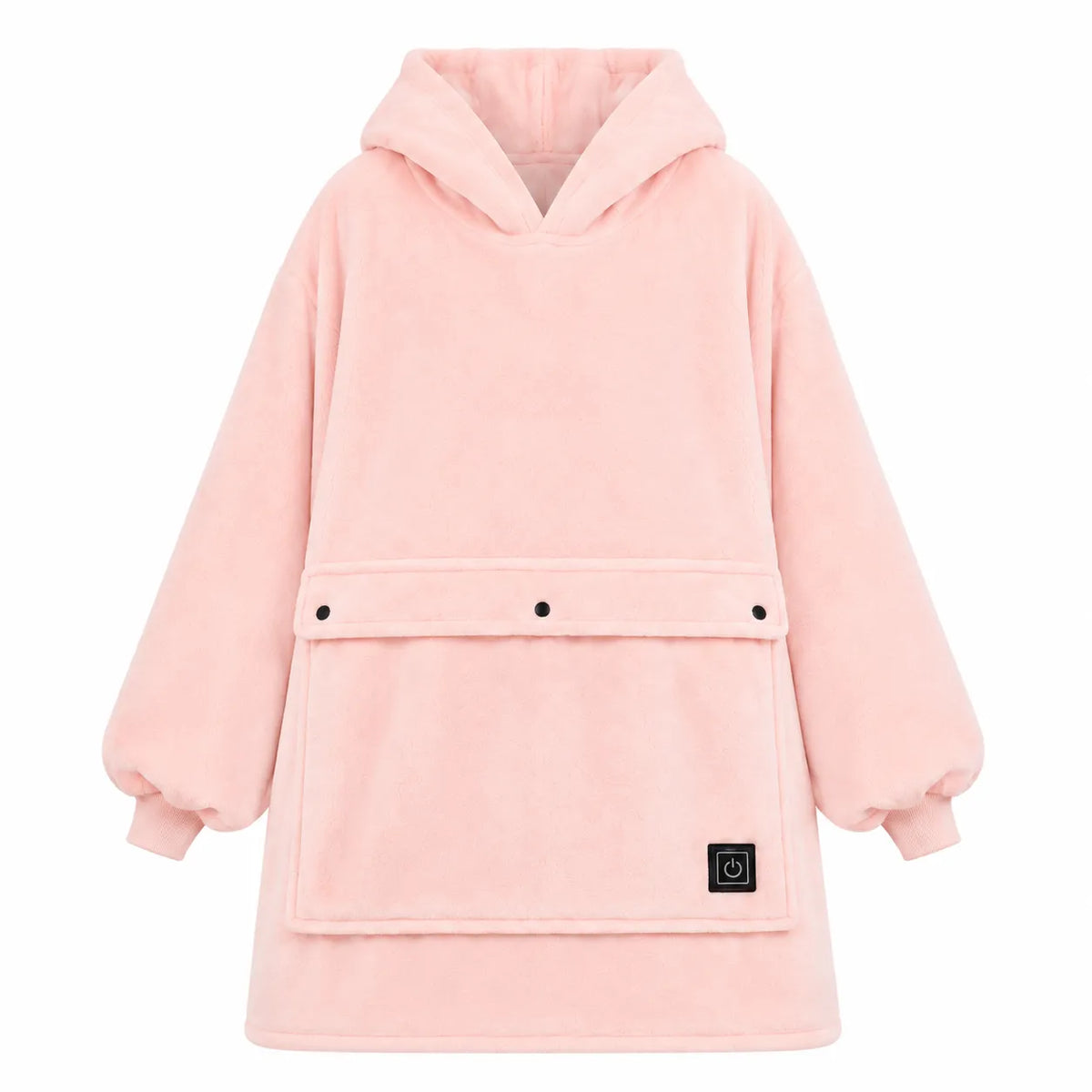 A light pink fleece hooded sweatshirt with a large front pouch pocket, snap-button closure, and a small black square logo patch near the bottom right hem, shown on a plain white background.