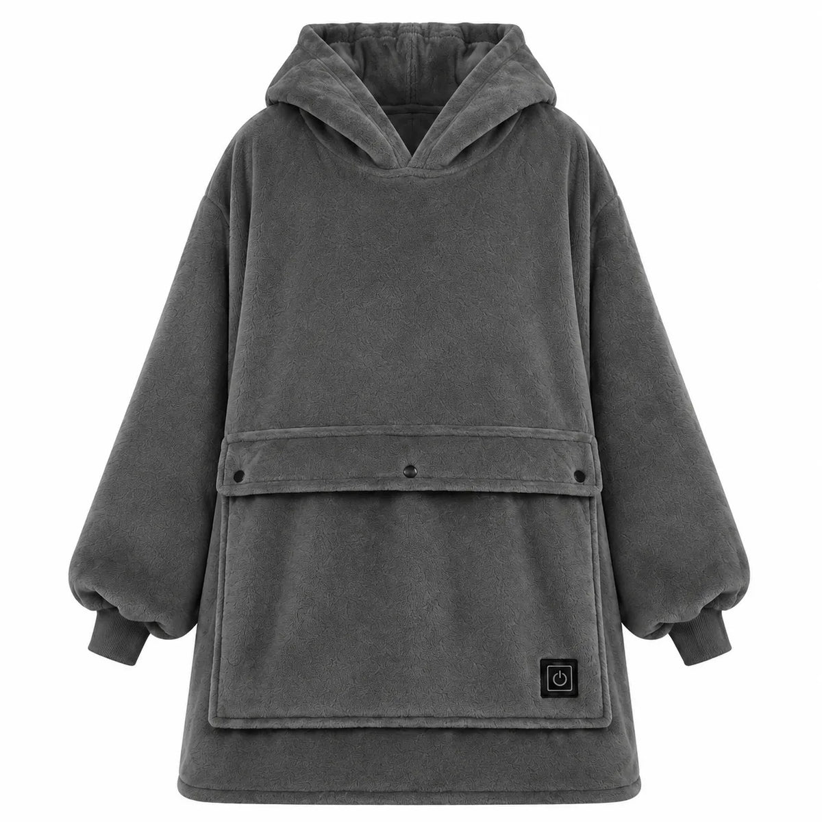 A dark gray plush fleece hooded sweatshirt with a large front flap pocket and elasticized cuffs, shown on a plain white background.