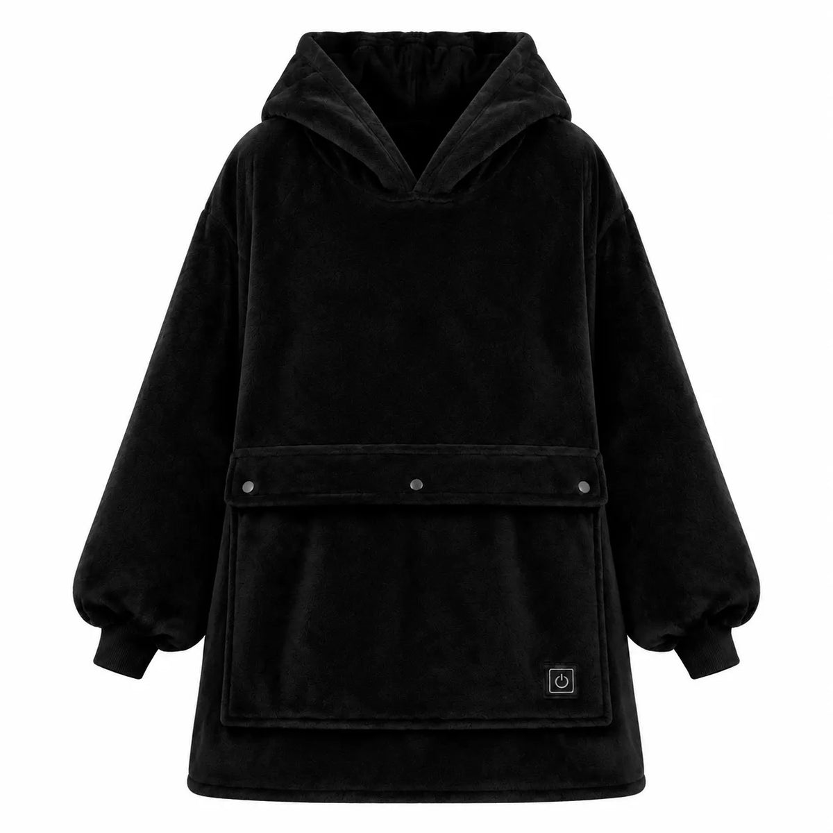 A black plush fleece hooded sweatshirt with a large front pouch pocket and snap button closure, shown on a plain white background.