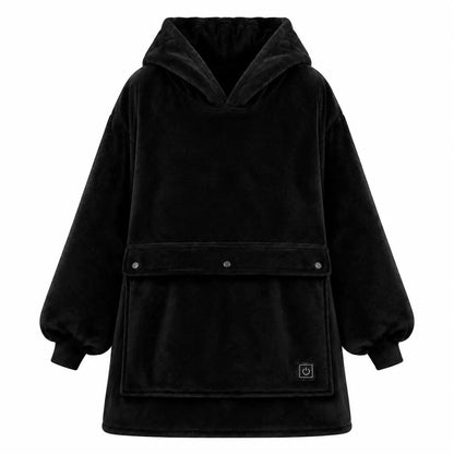 A black plush fleece hooded sweatshirt with a large front pouch pocket and snap button closure, shown on a plain white background.